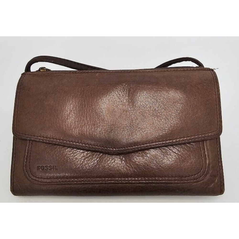 Fossil Crossbody Wallet Organizer Envelope Cell Phone Case Brown Leather